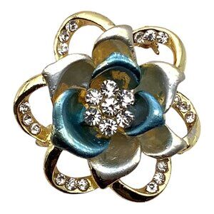 Blooming Rose Flower Crystal Brooch Pin W/ Gold Tone Accents & Rhinestone Detail